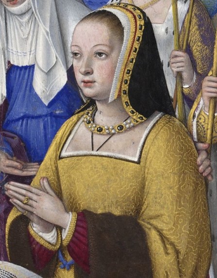 BNF_-_Latin_9474_-_Jean_Bourdichon_-_Grandes_Heures_d'Anne_de_Bretagne_-_f._3r_-_Anne_de_Bretagne_entre_trois_saintes_(détail)